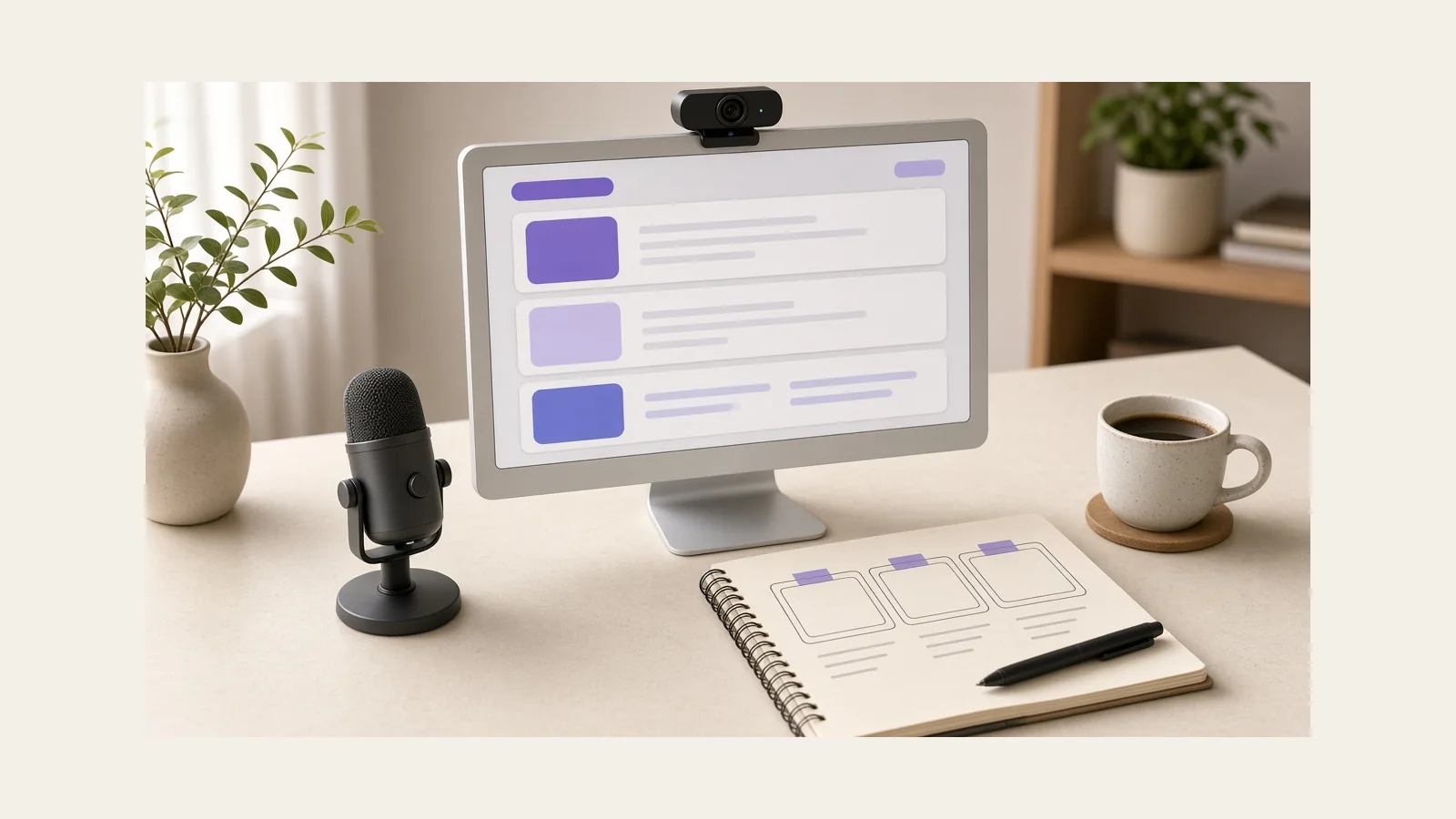 Illustration of a desk set up for making a screencast, with a monitor, microphone, webcam, and storyboard