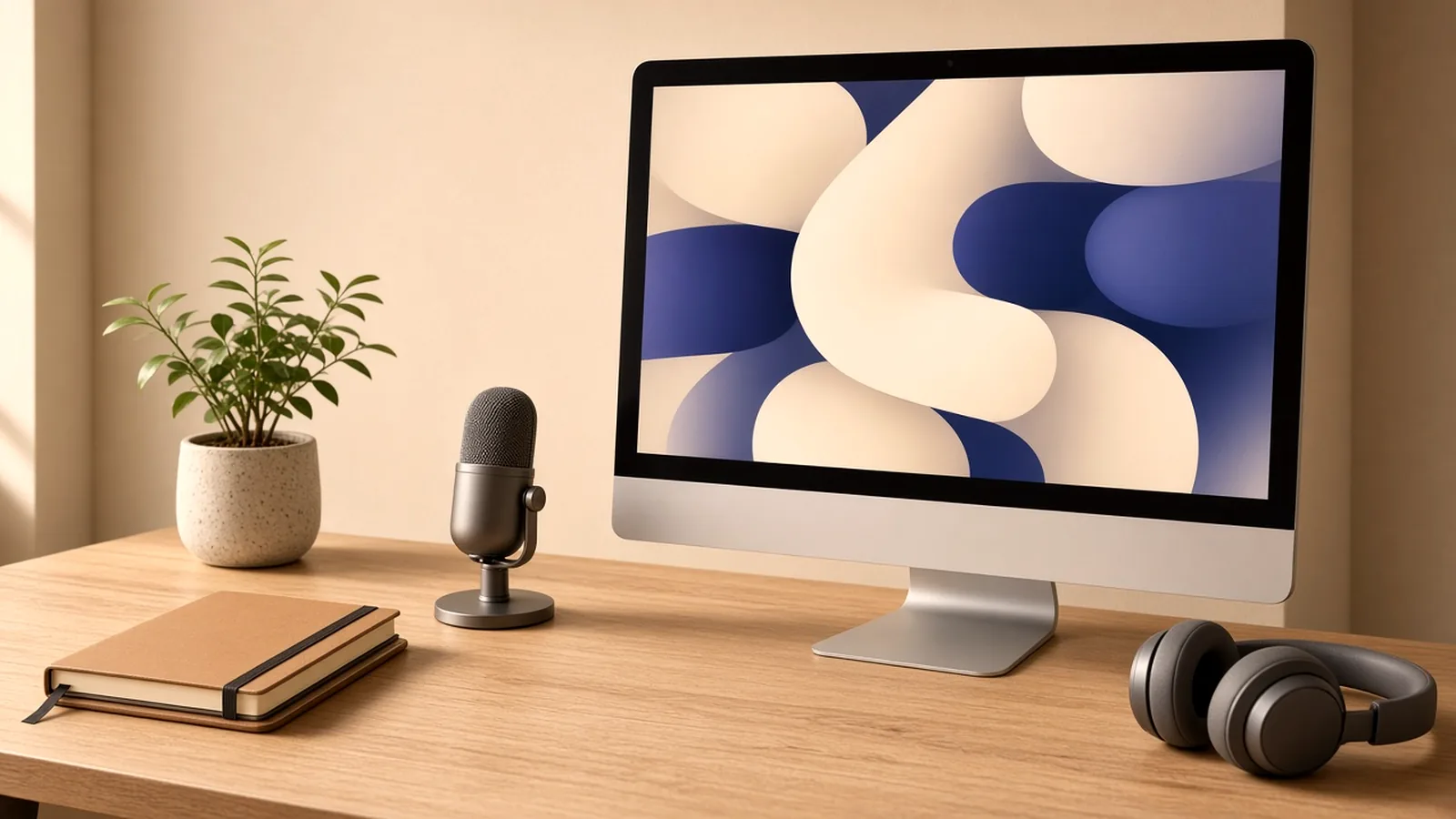 Mac workstation with a monitor, microphone, and headphones set up for screen recording