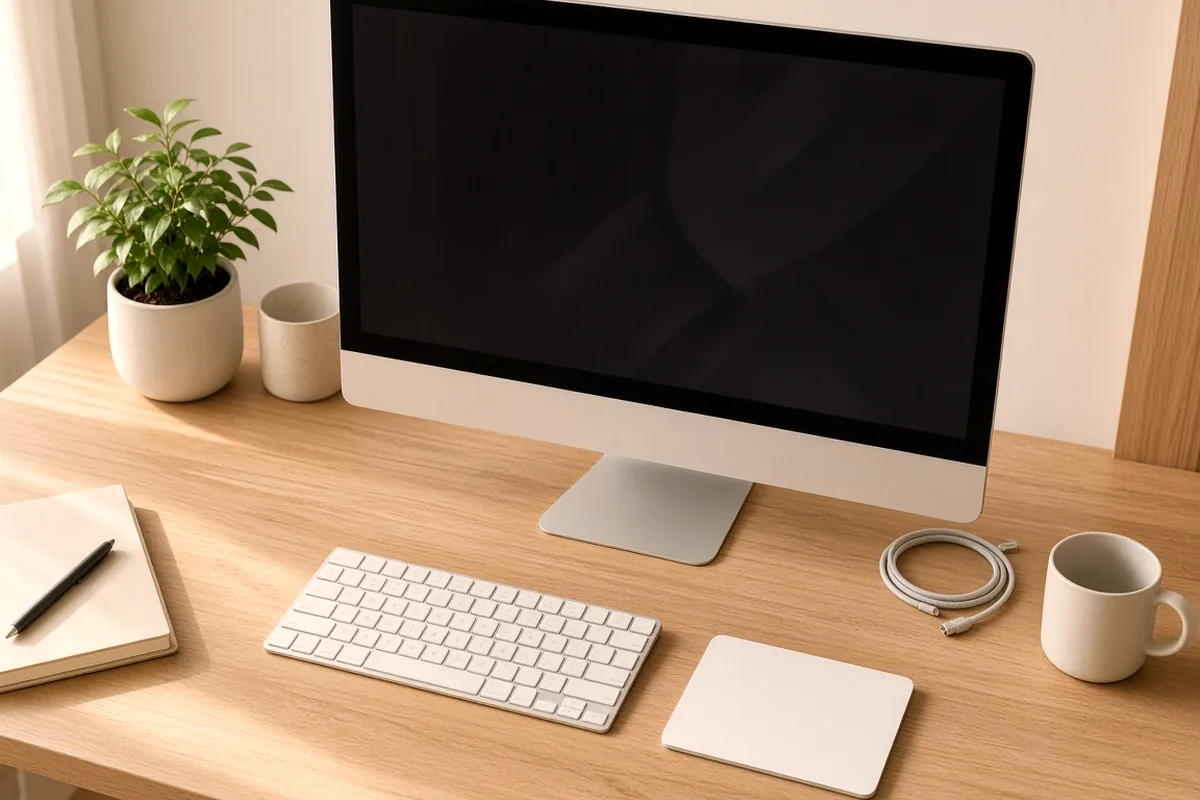 Clean Mac desk with a monitor, keyboard, and notebook ready for screen recording